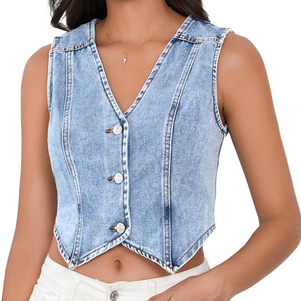 Blue Denim Button-Up Crop Top